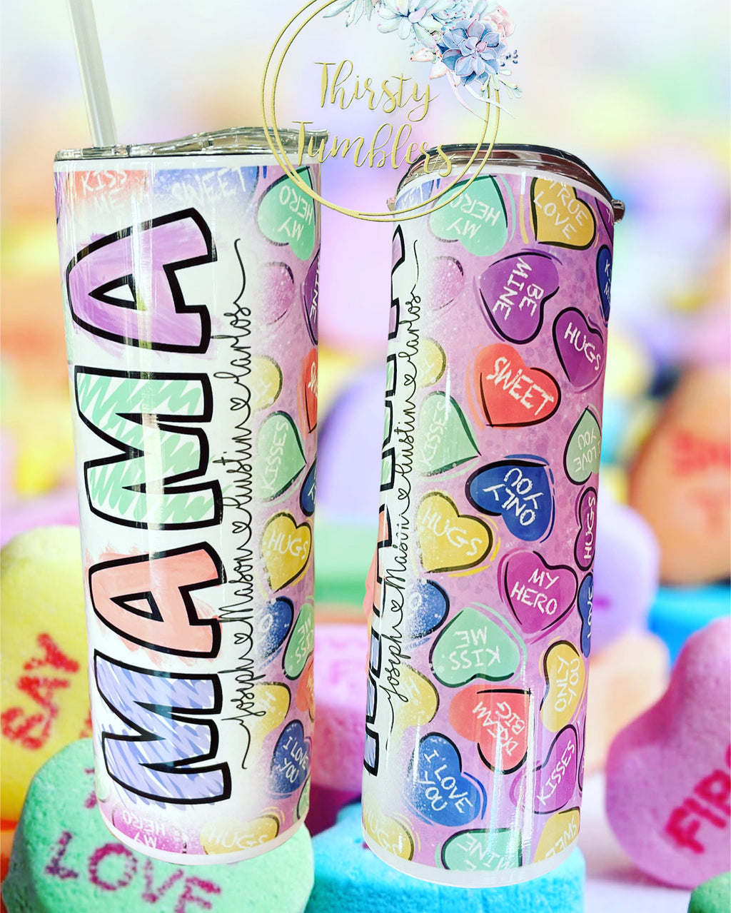 20 ounce conversation hearts Mama tumbler personalized with your children’s names